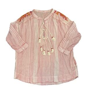 Johnny Was Beaded Boho Tassel Cotton Peasant Top M
